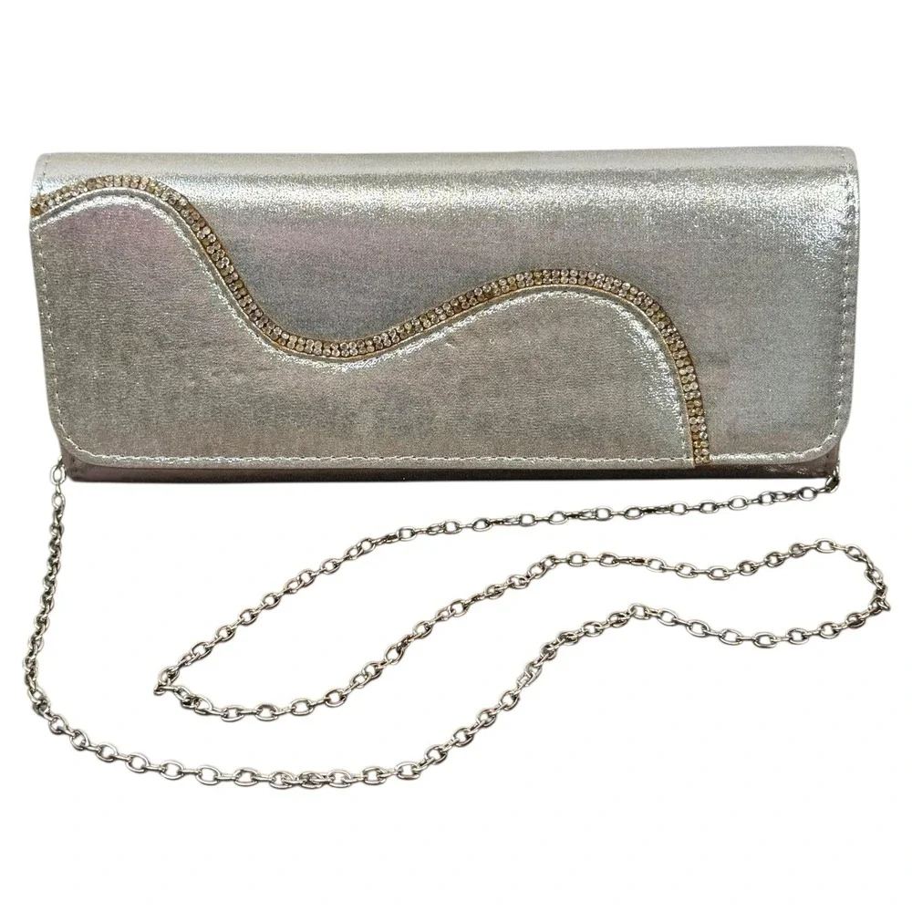 Silver Satin‎ Clutch Purse Womens Small Rhinestone Trim Chain Strap Evening Bag